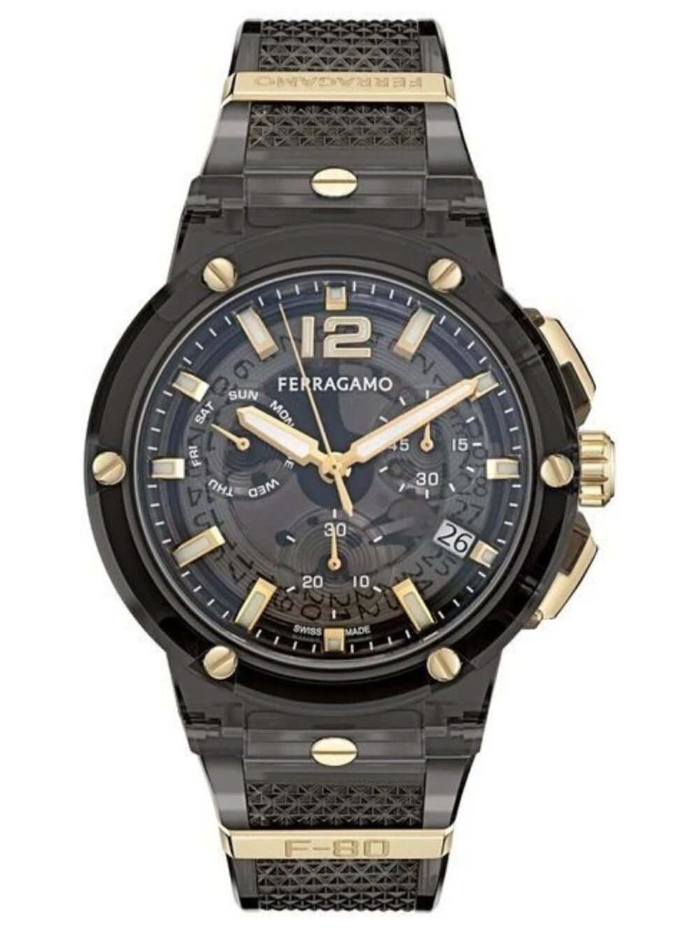 Ferragamo Men's Swiss Watch F-80 Translucent Black Polyurethane Strap 44mm